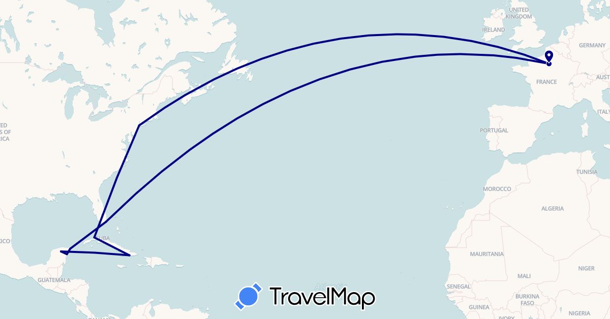 TravelMap itinerary: driving in Cuba, France, Mexico, United States (Europe, North America)